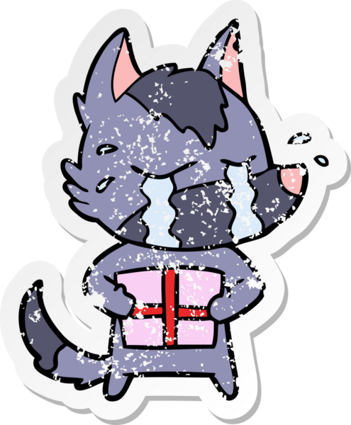 Bir insan tarafından çizilmiş Noel hediyeli, ağlayan bir karikatür çıkartması.