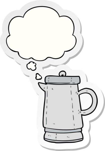 İnsan tarafından çizilmiş bir çıkartma olarak düşünce baloncuklu eski bir çaydanlık.