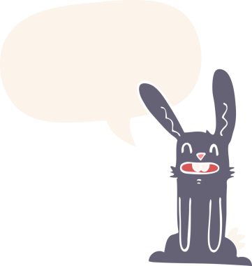 Konuşma baloncuklu çizgi film tavşanı insan tarafından çizilmiş.