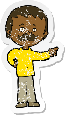 Bir insan tarafından çizilmiş bıyıklı bir çizgi film karakterinin gerilemiş retro yapıştırması.