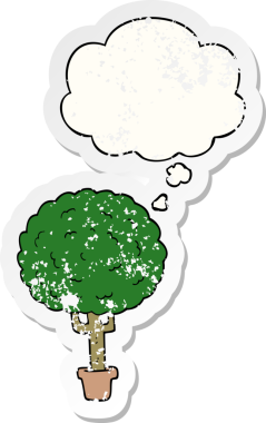 Düşünce baloncuğu olan çizgi film ağacı insan tarafından çizilmiş yıpranmış bir çıkartma gibi.