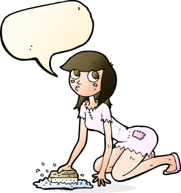 Çizgi film Cinderella bir insan tarafından çizilmiş konuşma balonuyla yerleri ovalıyor.