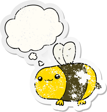 Düşünce baloncuğu olan çizgi film arısı insan tarafından çizilmiş yıpranmış bir çıkartma.