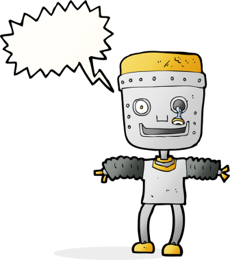 Bir insan tarafından çizilmiş konuşma balonu olan çizgi film robotu.