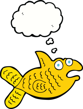 Bir insan tarafından çizilmiş düşünce baloncuklu çizgi film balığı.