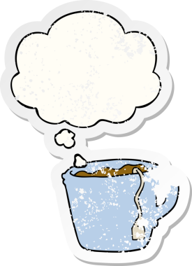 Düşünce baloncuklu sıcak çay fincanı insan tarafından çizilmiş yıpranmış bir çıkartma gibi.