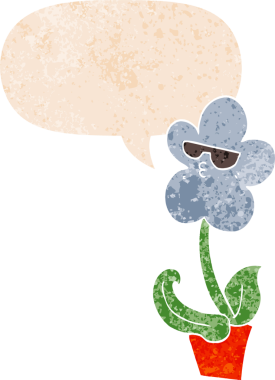 Bir insan tarafından çizilmiş grunge sıkıntılı retro desenli konuşma balonu ile serin karikatür çiçek