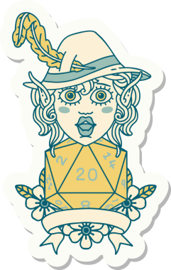 Bir insan tarafından çizilmiş 20 zarlı elf şairinin çıkartması.