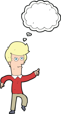 Bir insan tarafından çizilen düşünce baloncuğuyla işaret eden çizgi film adamı.