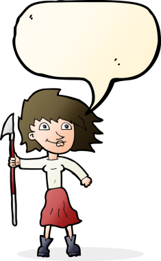 Bir insan tarafından çizilmiş, mızraklı, konuşma balonlu bir kadın.