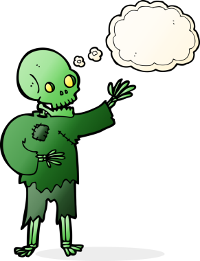 Bir insan tarafından çizilmiş düşünce baloncuğuyla sallanan karikatür iskeleti.