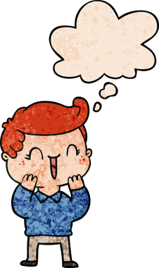 Bir insan tarafından çizilmiş grunge desenli düşünce baloncuğu olan gülen çocuk.