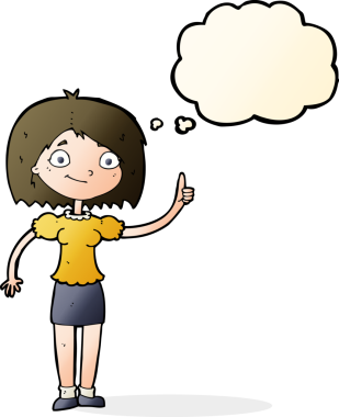 Bir insan tarafından çizilmiş düşünce baloncuğu fikri olan karikatür kadın.