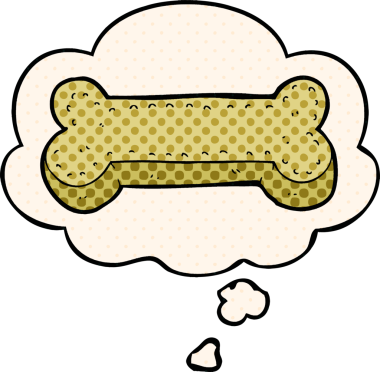 Çizgi roman tarzında bir insan tarafından çizilmiş düşünce balonlu çizgi köpek bisküvisi.