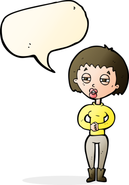 Bir insan tarafından çizilmiş konuşma balonu olan yorgun bir kadın çizgi filmi.