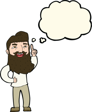 Bir insan tarafından çizilmiş düşünce baloncuğu fikri olan mutlu sakallı bir adam.