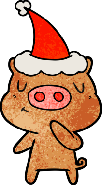 Bir insan tarafından çizilmiş Noel Baba şapkası takan bir domuzun el çizimi karikatürü.