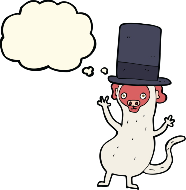 Bir insan tarafından çizilmiş düşünce baloncuklu silindir şapkalı maymun.