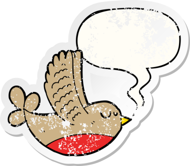 Konuşma baloncuğu olan çizgi film kuşu, bir insan tarafından çizilmiş sıkıntılı eski bir çıkartma.