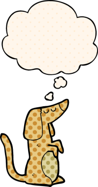 Çizgi roman tarzında bir insan tarafından çizilmiş düşünce balonu olan çizgi film köpeği.