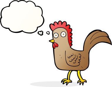 Bir insan tarafından çizilmiş düşünce balonlu çizgi film tavuğu.