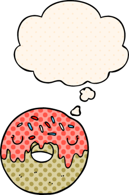 Çizgi roman tarzında bir insan tarafından çizilmiş düşünce baloncuklu çizgi film donutu.
