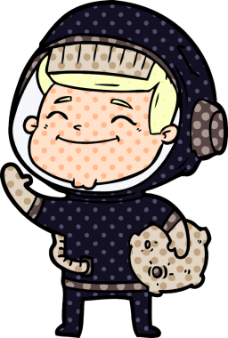 Bir insan tarafından çizilmiş mutlu astronot çizgi filmi.