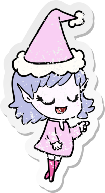 Mutlu el çizimi, insan tarafından çizilmiş Noel Baba şapkası takan elf bir kızın üzgün çıkartması.