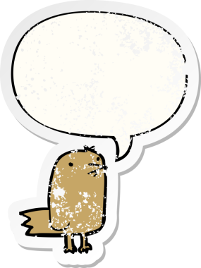 Konuşma baloncuğu olan çizgi film kuşu, bir insan tarafından çizilmiş sıkıntılı eski bir çıkartma.