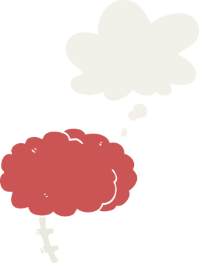 Düşünce baloncuklu karikatür beyni insan tarafından çizilmiş.