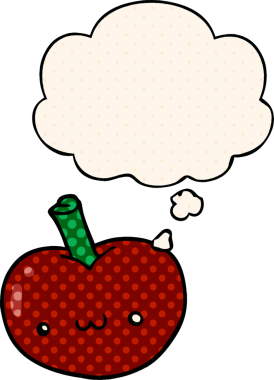 Çizgi roman tarzında bir insan tarafından çizilmiş düşünce baloncuklu çizgi film elması.