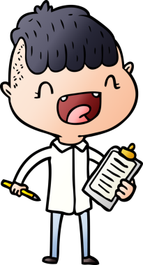 Bir insan tarafından çizilmiş, elinde klip tahtası olan mutlu bir çocuk.