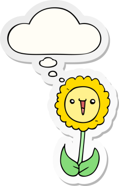 Düşünce baloncuklu karikatür çiçeği insan tarafından çizilmiş bir çıkartma gibi.