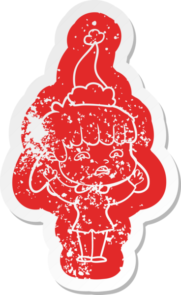 Bir insan tarafından çizilmiş Noel Baba şapkası giyen endişeli bir kadının garip bir karikatürü.