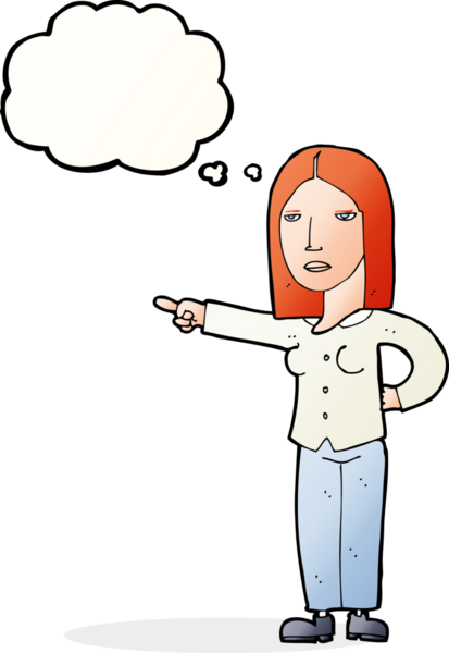 Bir insan tarafından çizilmiş düşünce balonuyla işaret eden çizgi film kadını.