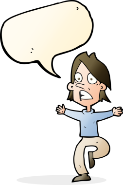 Bir insan tarafından çizilmiş konuşma baloncuğuyla panikleyen bir karikatür.