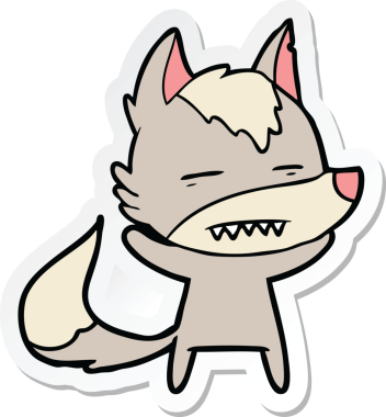 Bir insan tarafından çizilmiş dişleri gösteren bir kurt çizgi film etiketi.