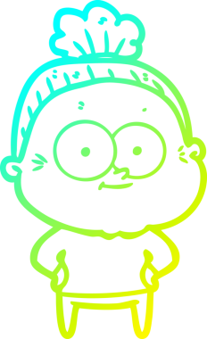 Bir insan tarafından çizilmiş, mutlu, yaşlı bir kadının çizimi.