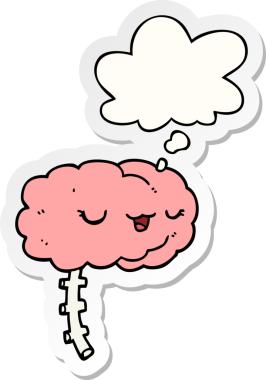 İnsan tarafından çizilmiş bir çıkartma gibi düşünce baloncuklu mutlu çizgi film beyni.