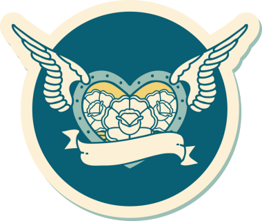 Geleneksel bir dövme stili. Uçan kalp. Çiçekler ve bir insan tarafından çizilmiş bayrak.