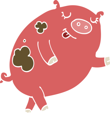 Bir insan tarafından çizilmiş düz renkli çizgi film dans eden domuz.