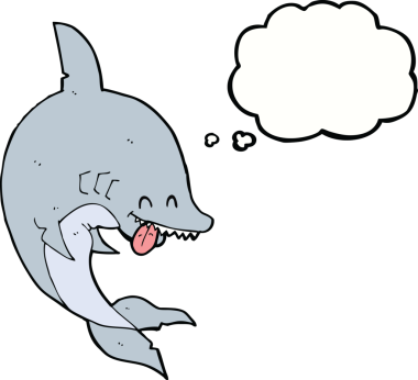 Bir insan tarafından çizilmiş düşünce baloncuklu komik köpek balığı.