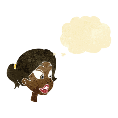 Bir insan tarafından çizilmiş düşünce baloncuğu olan çizgi film dostu kadın.