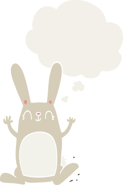 Düşünce baloncuklu çizgi film tavşanı insan tarafından çizilmiş.