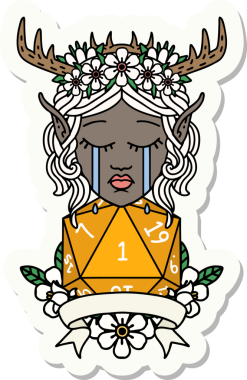 Hüzünlü bir Elf Druid karakterinin çıkartması. İnsan tarafından çizilmiş doğal bir D20 rulo.