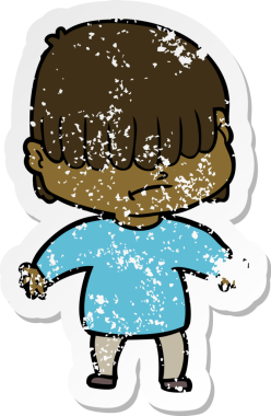 Bir insan tarafından çizilmiş dağınık saçlı bir çizgi film çocuğunun sıkıntılı çıkartması.