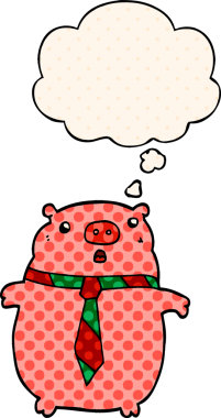 Çizgi roman tarzında bir insan tarafından çizilmiş düşünce balonlu ofis kravatlı bir domuz.