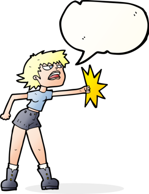 Bir insan tarafından çizilmiş konuşma balonuyla yumruk atan karikatür kadını.