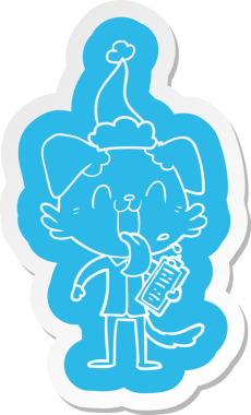 Bir insan tarafından çizilmiş Noel Baba şapkası takan ve nefes nefese kalan bir köpeğin garip çizgi film etiketi.