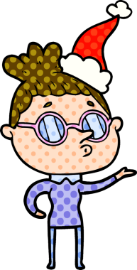 Bir insanın çizdiği Noel Baba şapkası takan bir kadının el çizimi çizgi roman tasviri.